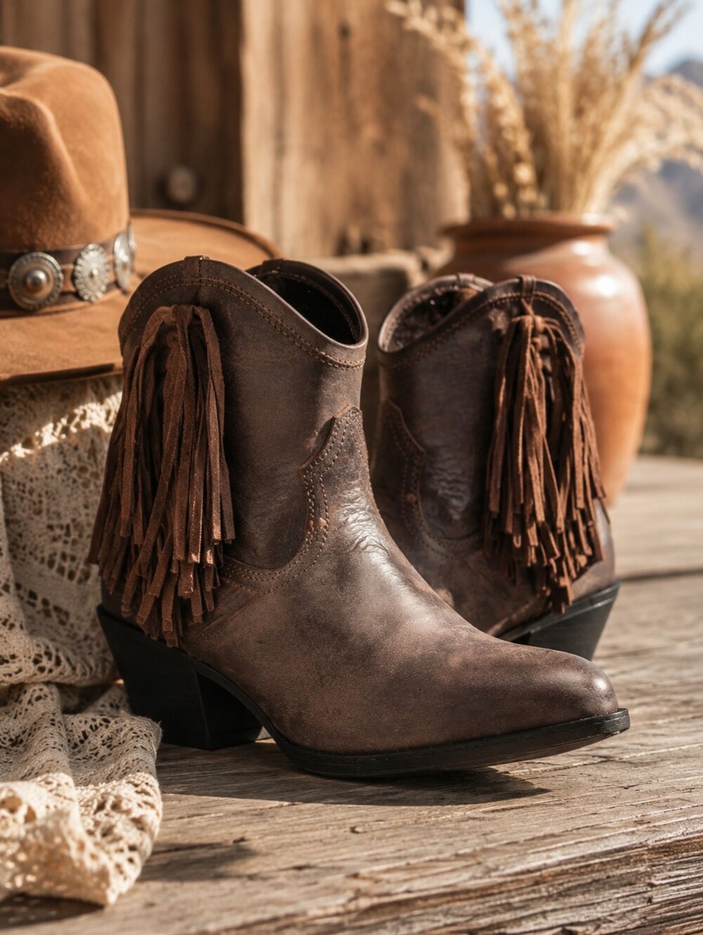 Ariat Duchess Brown Leather Fringe Ankle Boots Western Pointed Toe Booties